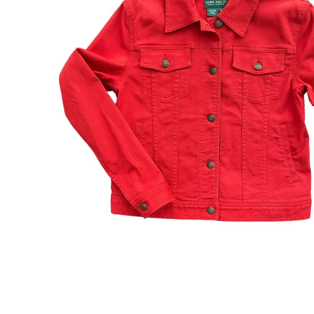 Lauren Jeans Co. Ralph Lauren Y2K Vintage Red Denim Trucker Jean Jacket Preppy-S - Picture 2 of 13
